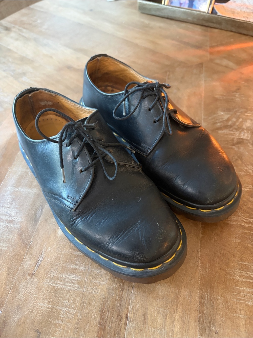 Vintage 1990’s Dr. Martens, 3-eye, lace up, black with Yellow Stitching